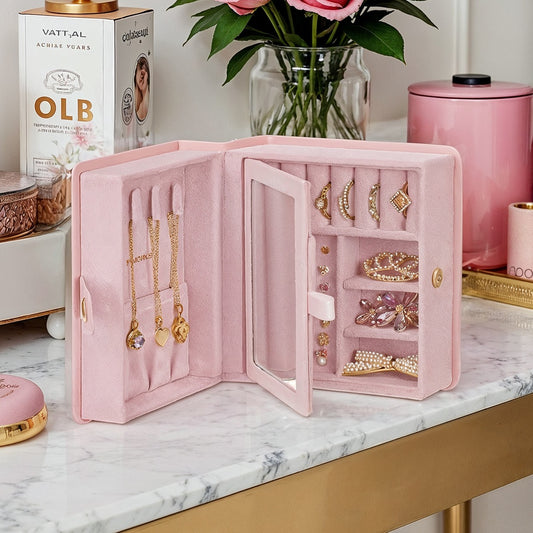 Travel Jewelry Box with Mirror, Book-Design Organizer Case with Interlayer & Faux Suede Lining, 5.2 Inch Portable Jewelry Storage, Jelly Pink