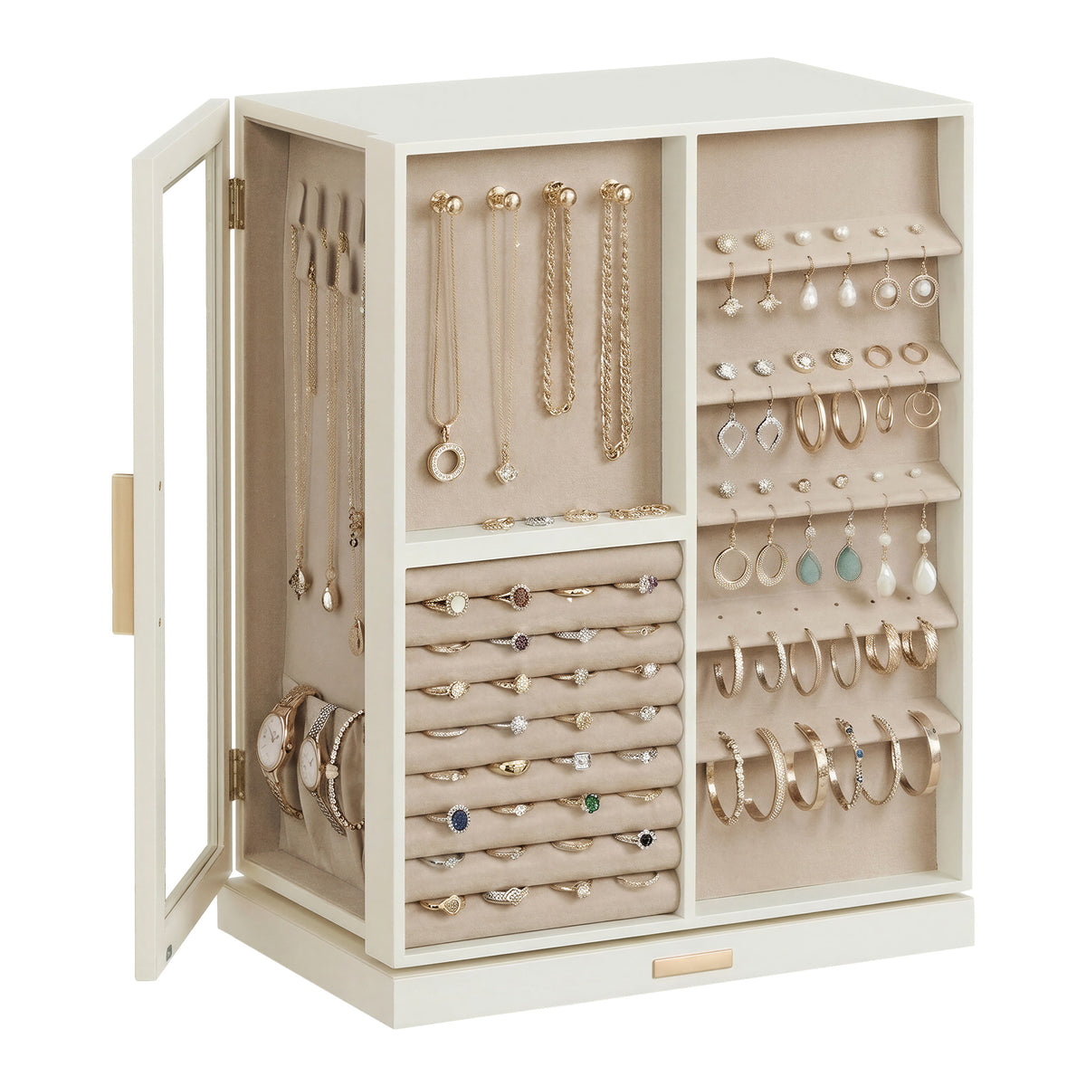 LEDREM 360° Rotating Jewelry Box Organizer with 7 Drawers, Vertical Earring Storage, 10.6 x 6.7 x 13 Inches, White
