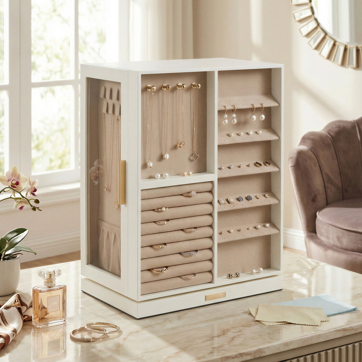 LEDREM 360° Rotating Jewelry Box Organizer with 7 Drawers, Vertical Earring Storage, 10.6 x 6.7 x 13 Inches, White