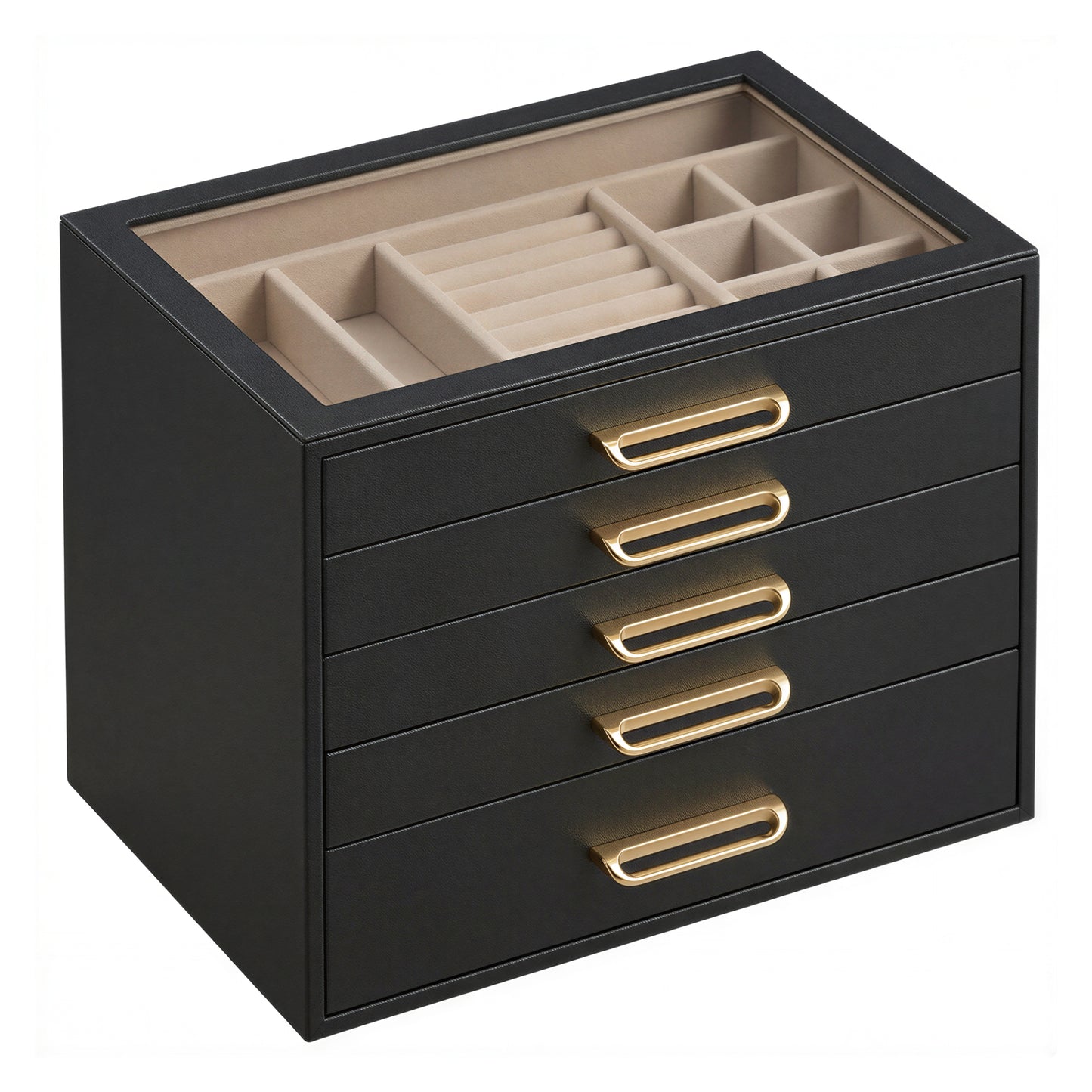 5-Tier Jewelry Organizer with Glass Lid, Storage Box with Drawers and Gold Handles, Gift, Black and Beige