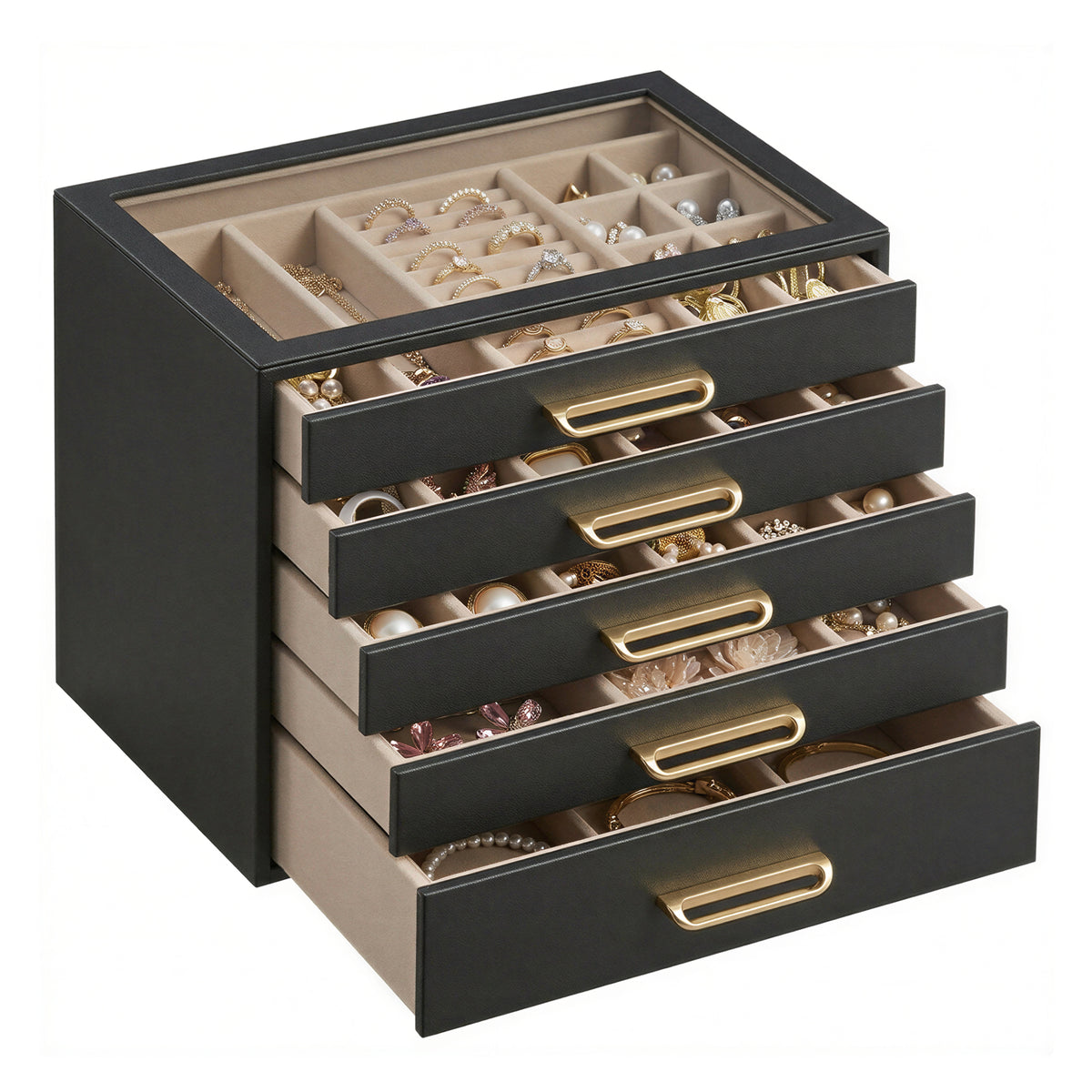 5-Tier Jewelry Organizer with Glass Lid, Storage Box with Drawers and Gold Handles, Gift, Black and Beige