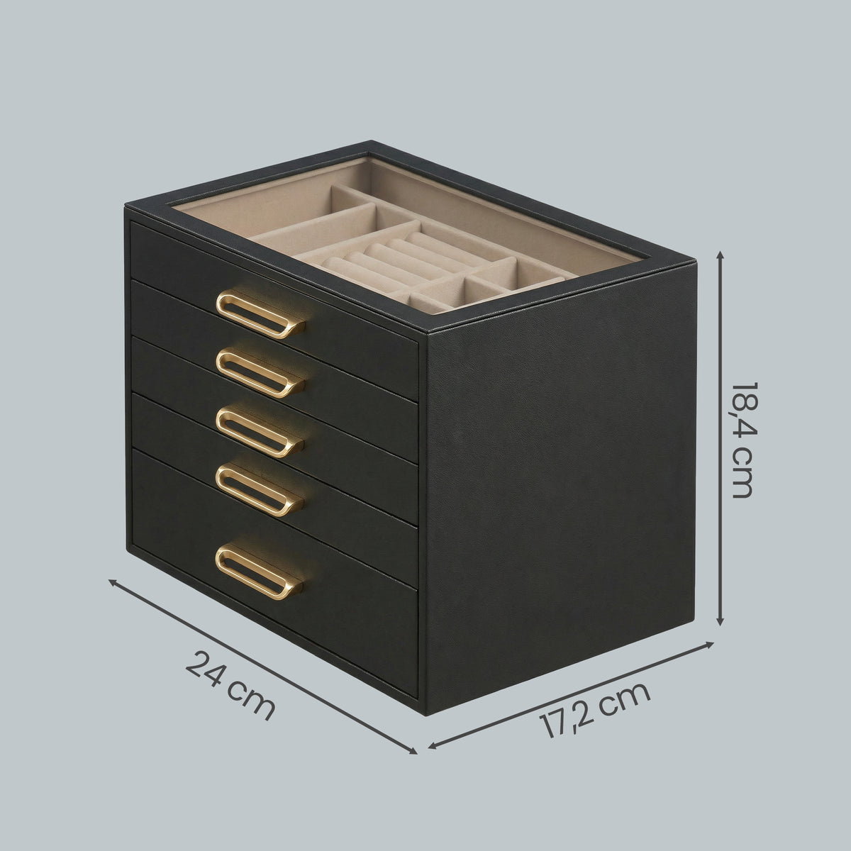 5-Tier Jewelry Organizer with Glass Lid, Storage Box with Drawers and Gold Handles, Gift, Black and Beige