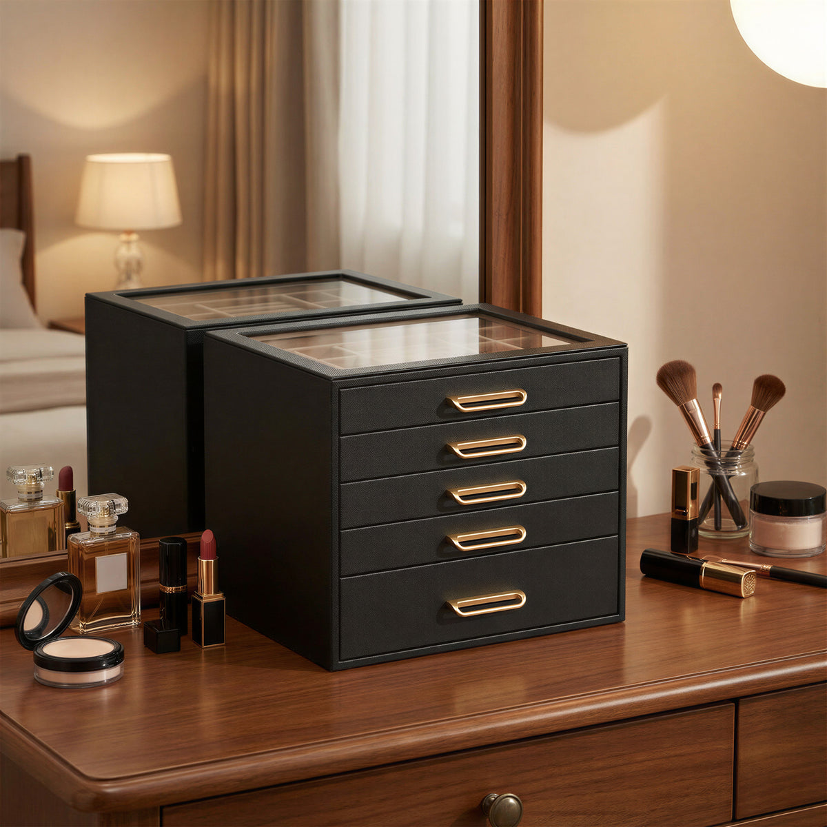 5-Tier Jewelry Organizer with Glass Lid, Storage Box with Drawers and Gold Handles, Gift, Black and Beige