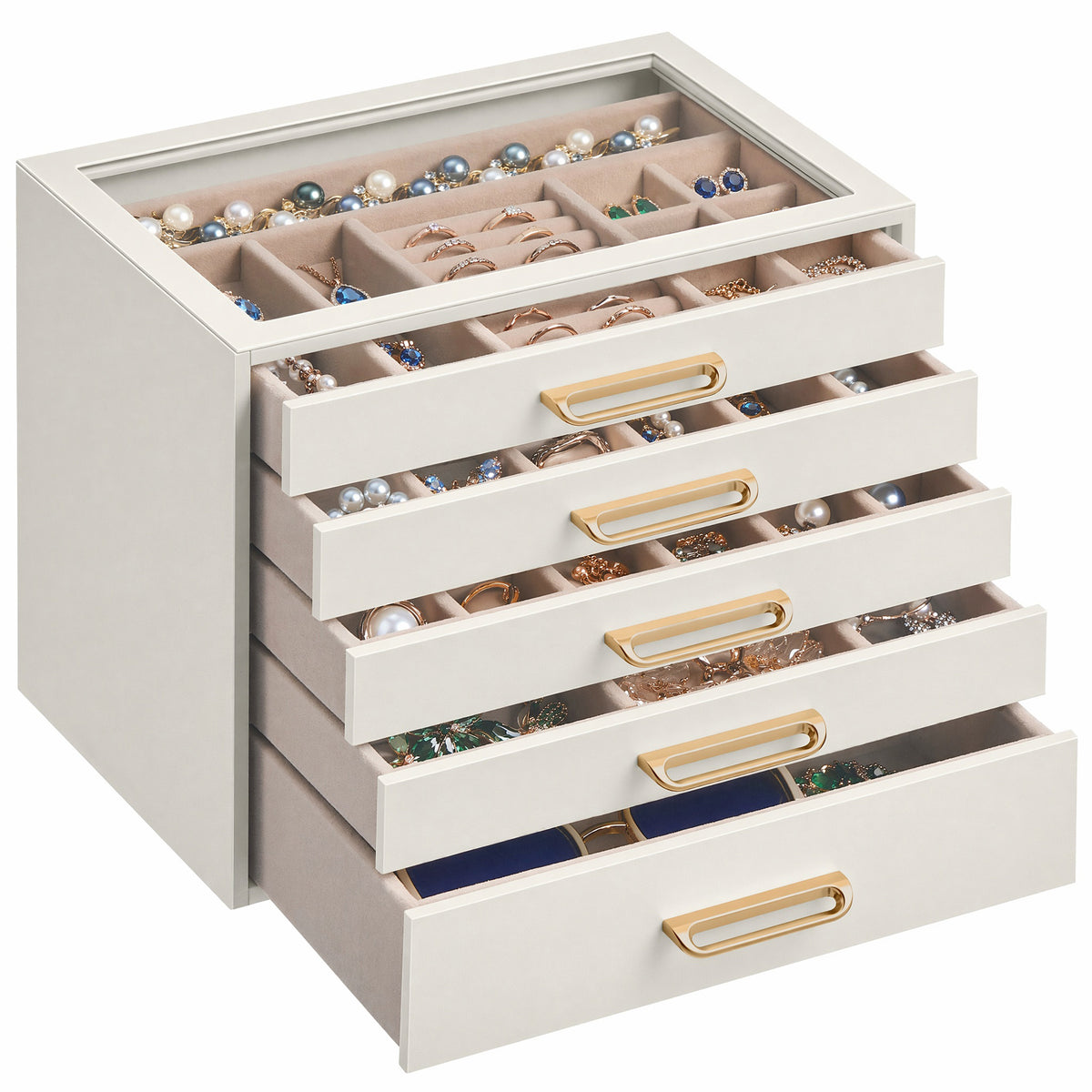 5-Tier Jewelry Organizer with Glass Lid, Storage Box with Drawers and Gold Handles, Gift, White and Beige