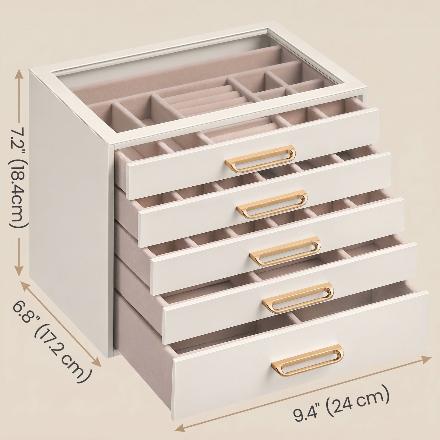 5-Tier Jewelry Organizer with Glass Lid, Storage Box with Drawers and Gold Handles, Gift, White and Beige