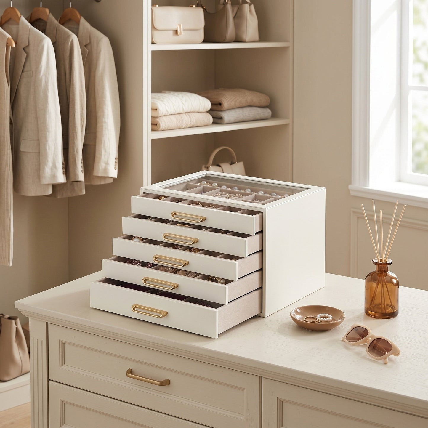 5-Tier Jewelry Organizer with Glass Lid, Storage Box with Drawers and Gold Handles, Gift, White and Beige