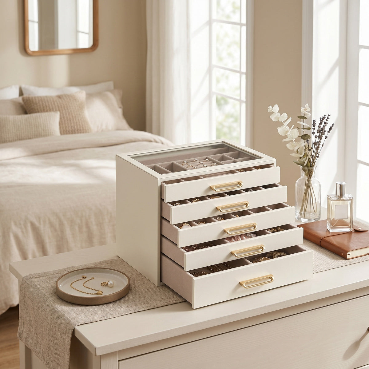 5-Tier Jewelry Organizer with Glass Lid, Storage Box with Drawers and Gold Handles, Gift, White and Beige
