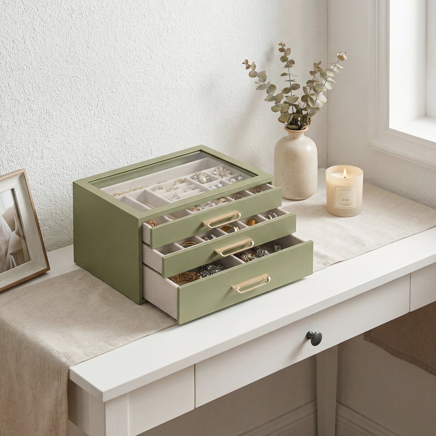 3-Layer Jewelry Box with Glass Window, 3-Drawer Jewelry Organizer for Rings, Earrings, Bracelets, Sage Green, 6.3 x 9.4 x 4.9 Inches