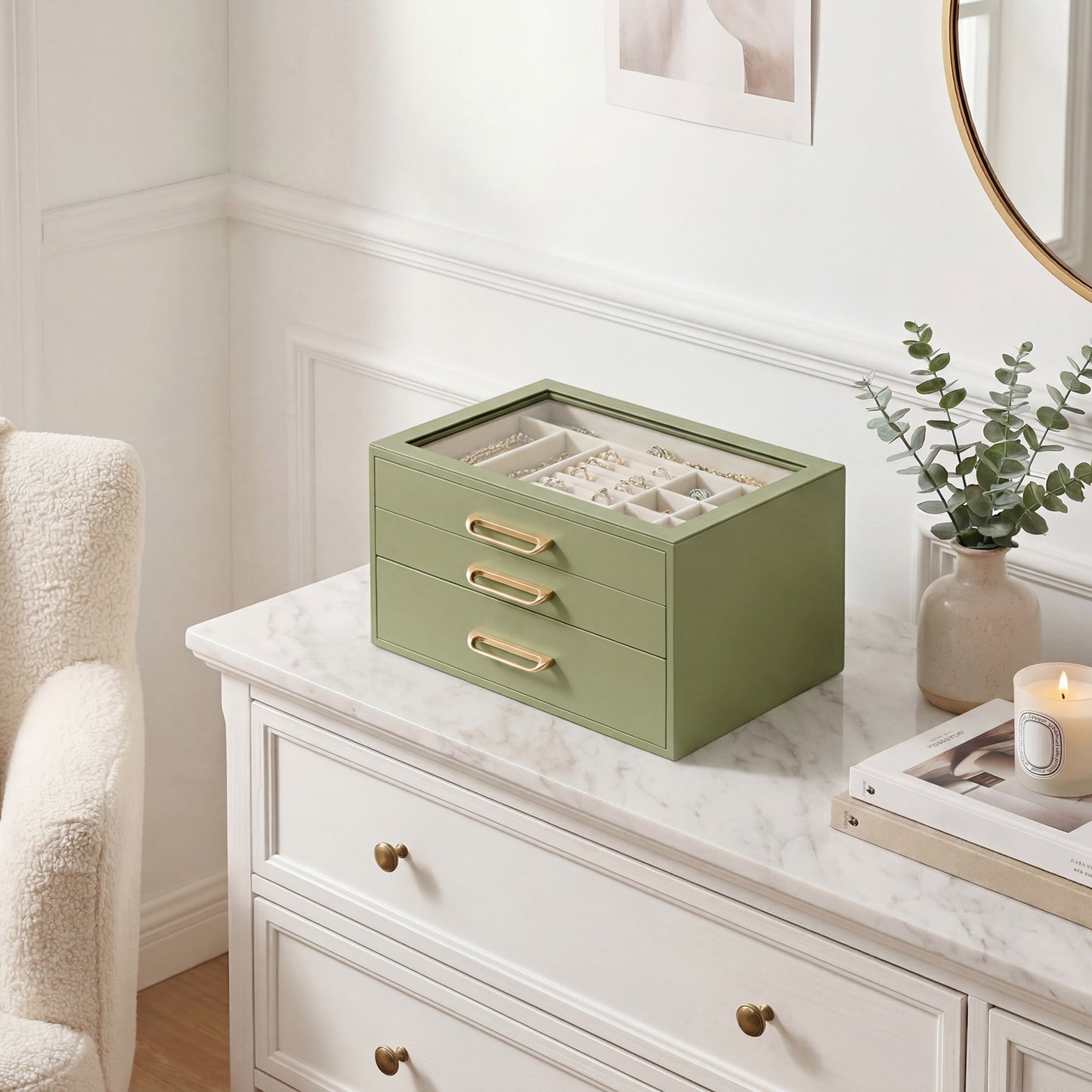 3-Layer Jewelry Box with Glass Window, 3-Drawer Jewelry Organizer for Rings, Earrings, Bracelets, Sage Green, 6.3 x 9.4 x 4.9 Inches