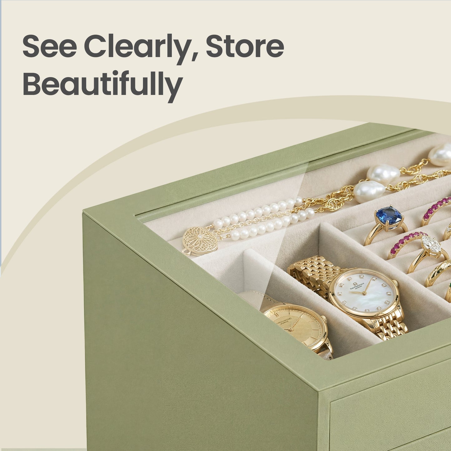 3-Layer Jewelry Box with Glass Window, 3-Drawer Jewelry Organizer for Rings, Earrings, Bracelets, Sage Green, 6.3 x 9.4 x 4.9 Inches