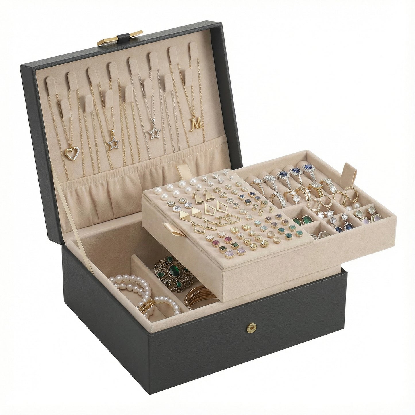 2-Tier Jewelry Storage Box, Removable Tray Organizer for Rings, Necklaces, Earrings, Gift for Women, Black and Beige