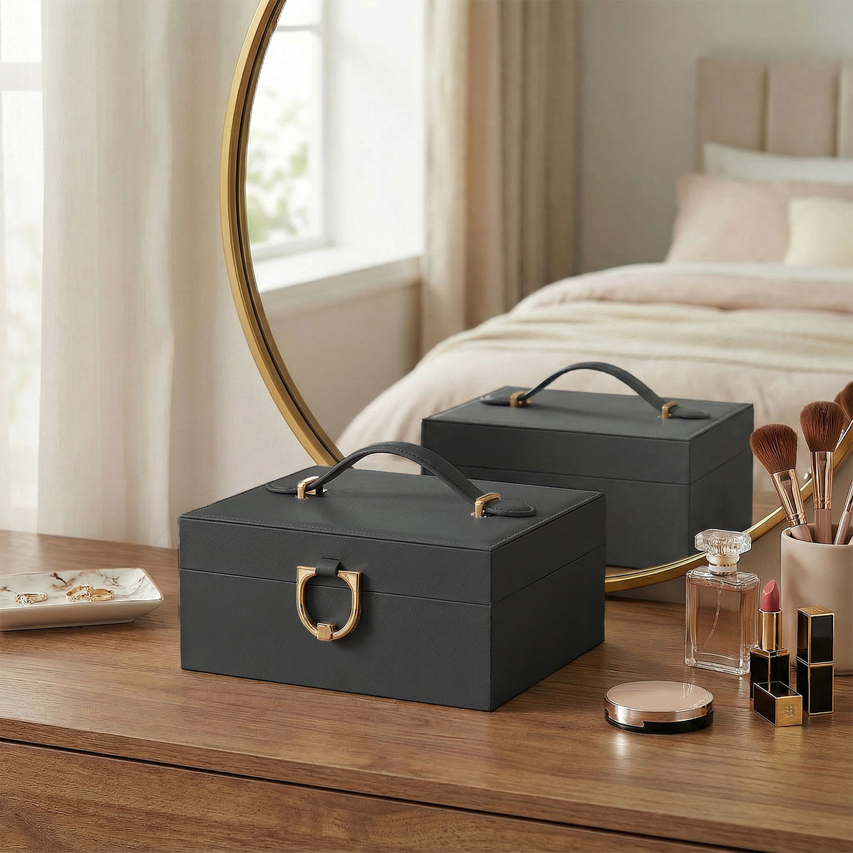 2-Tier Jewelry Storage Box, Removable Tray Organizer for Rings, Necklaces, Earrings, Gift for Women, Black and Beige
