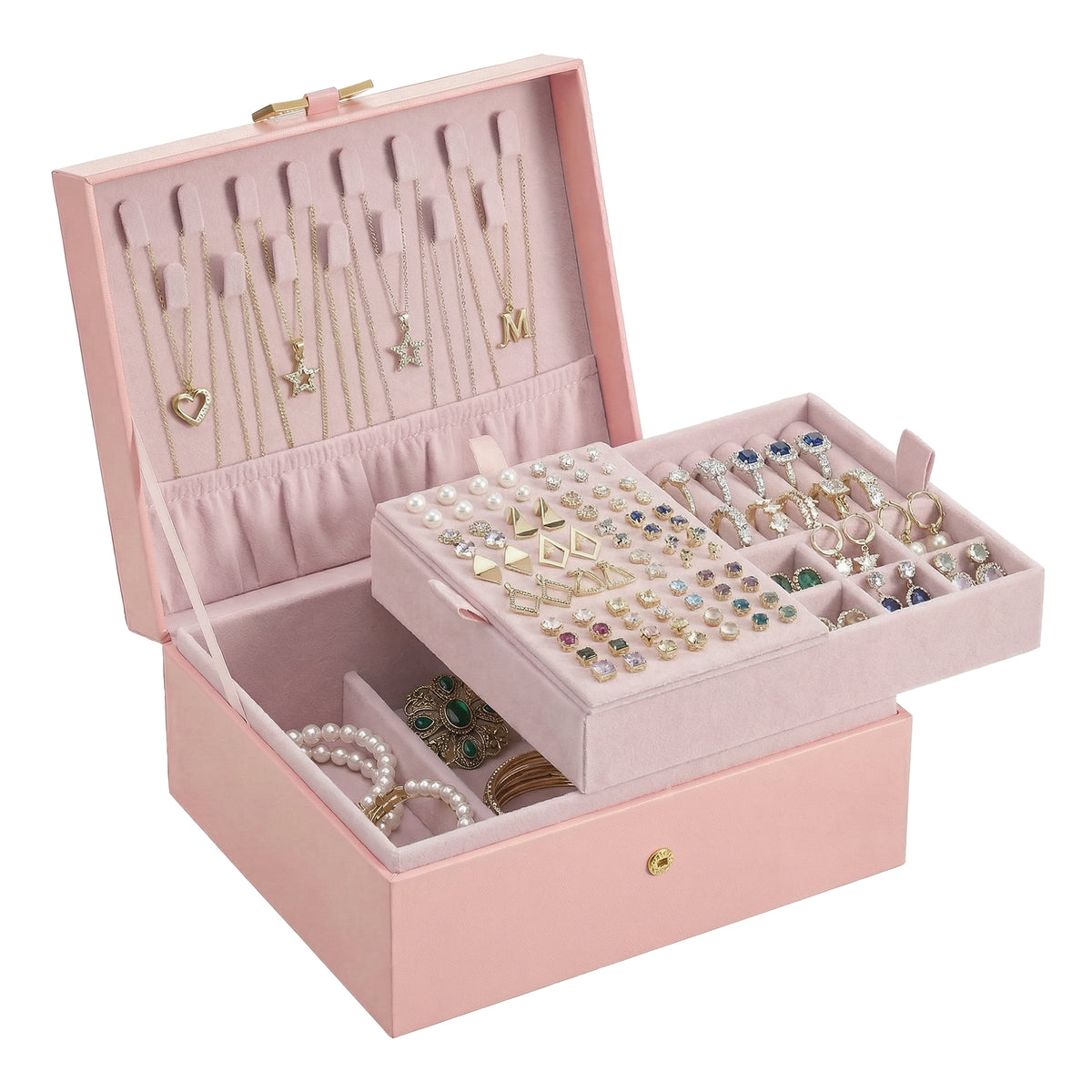 2-Tier Jewelry Storage Box, Removable Tray Organizer for Rings, Necklaces, Earrings, Gift for Women, Pink