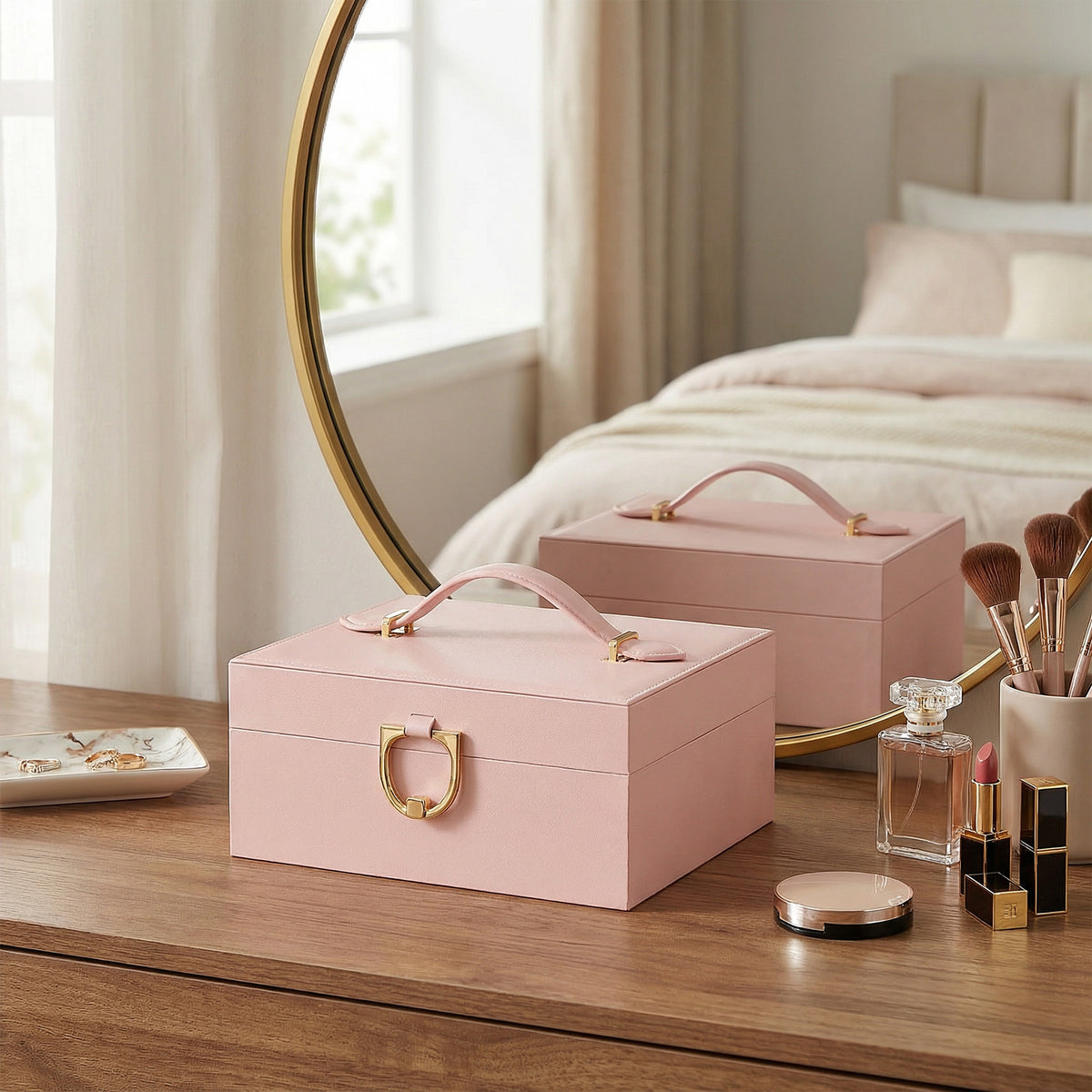 2-Tier Jewelry Storage Box, Removable Tray Organizer for Rings, Necklaces, Earrings, Gift for Women, Pink