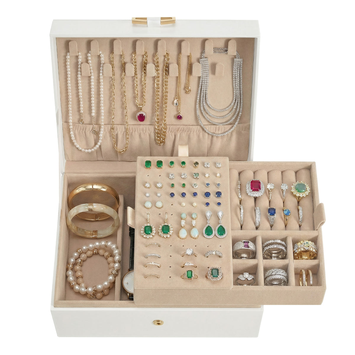 2-Tier Jewelry Storage Box, Removable Tray Organizer for Rings, Necklaces, Earrings, Gift for Women, White