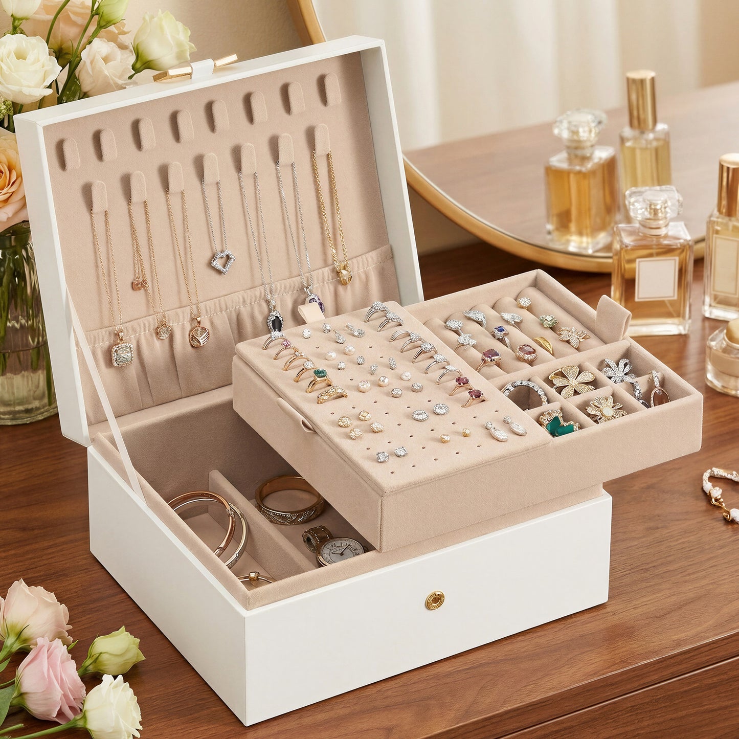 2-Tier Jewelry Storage Box, Removable Tray Organizer for Rings, Necklaces, Earrings, Gift for Women, White