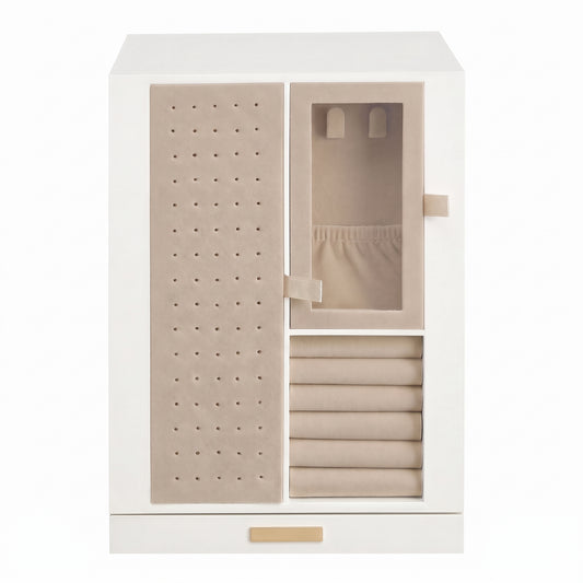 360° Rotating Jewellery Box Organiser, Vertical Storage Case with 4 Drawers for Necklaces Rings Earrings, Cream White and Gold