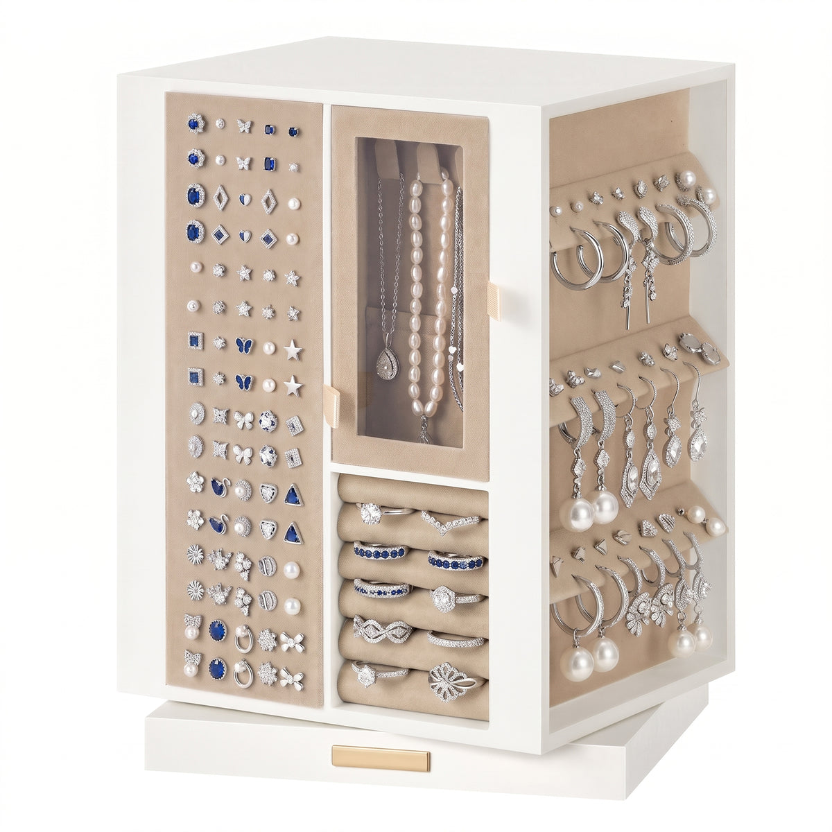360° Rotating Jewellery Box Organiser, Vertical Storage Case with 4 Drawers for Necklaces Rings Earrings, Cream White and Gold
