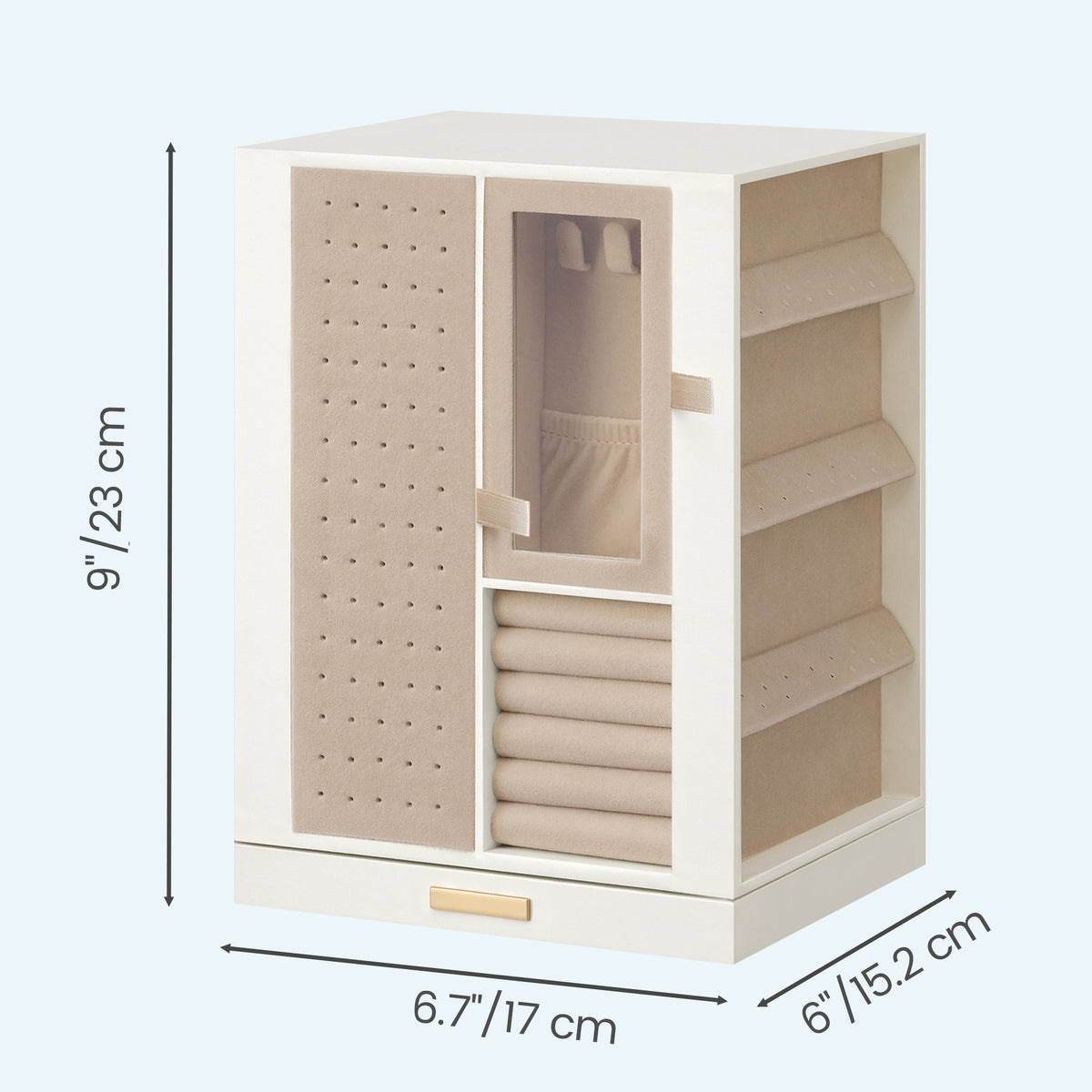360° Rotating Jewellery Box Organiser, Vertical Storage Case with 4 Drawers for Necklaces Rings Earrings, Cream White and Gold