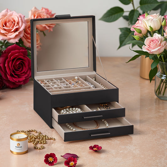 3-Layer Jewelry Box Organizer with Glass Lid & 2 Drawers, Modern PU + MDF Storage Case for Rings, Necklaces, Bracelets ,Graphite Black,Silver