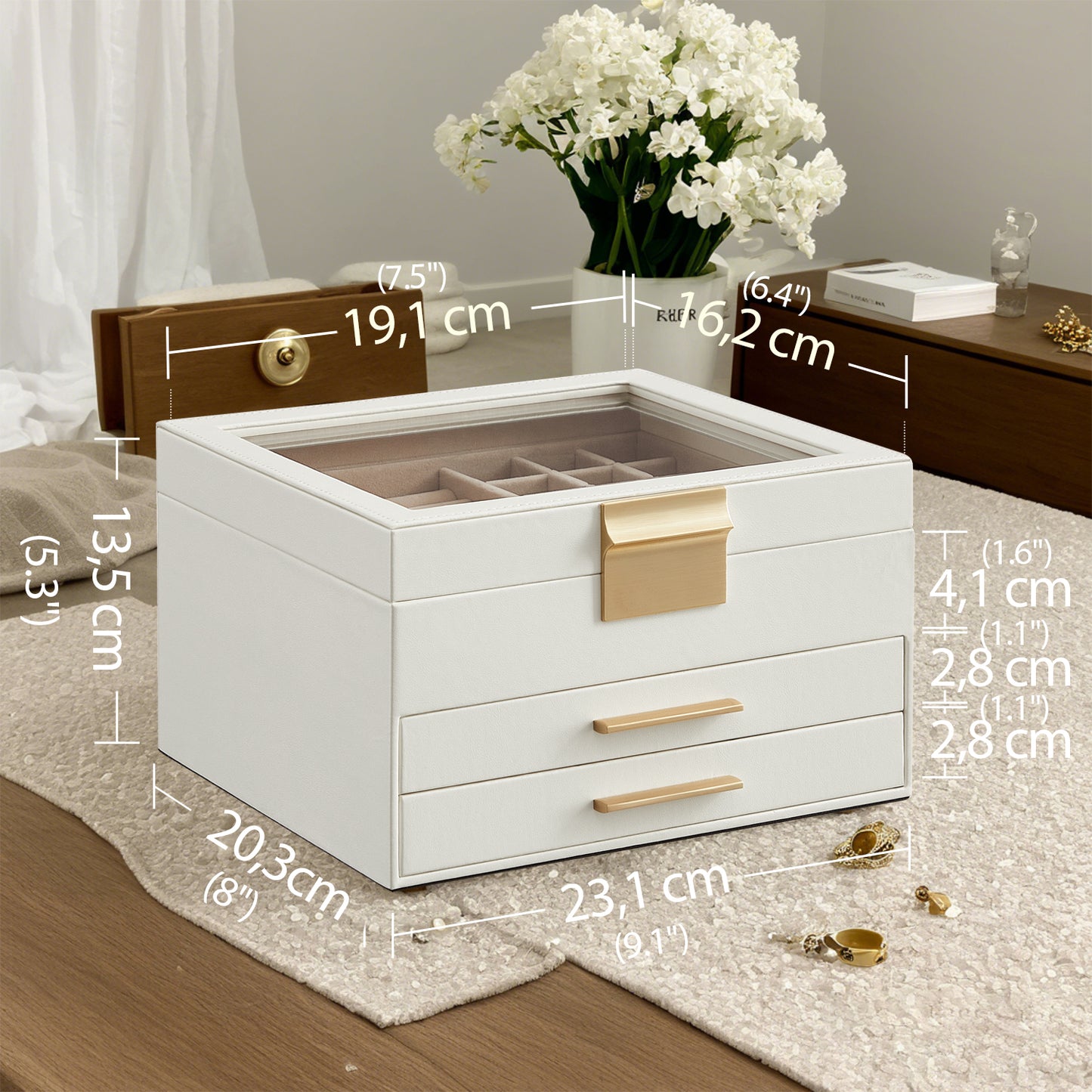 Jewelry Box Organizer with Glass Lid, 3-Layer Jewelry Storage