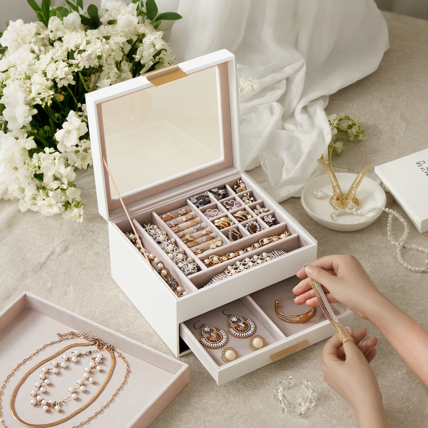 Jewelry Box Organizer with Glass Lid, 3-Layer Jewelry Storage