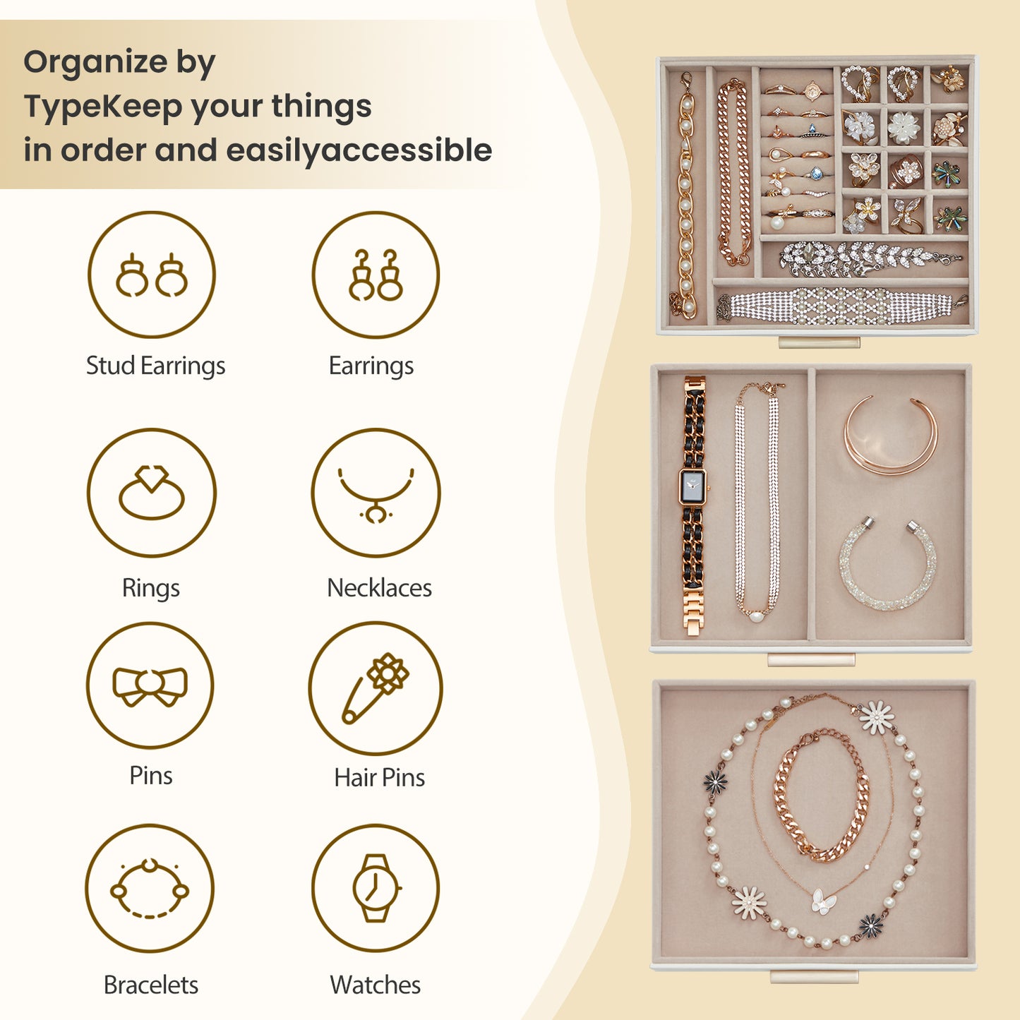 Jewelry Box Organizer with Glass Lid, 3-Layer Jewelry Storage