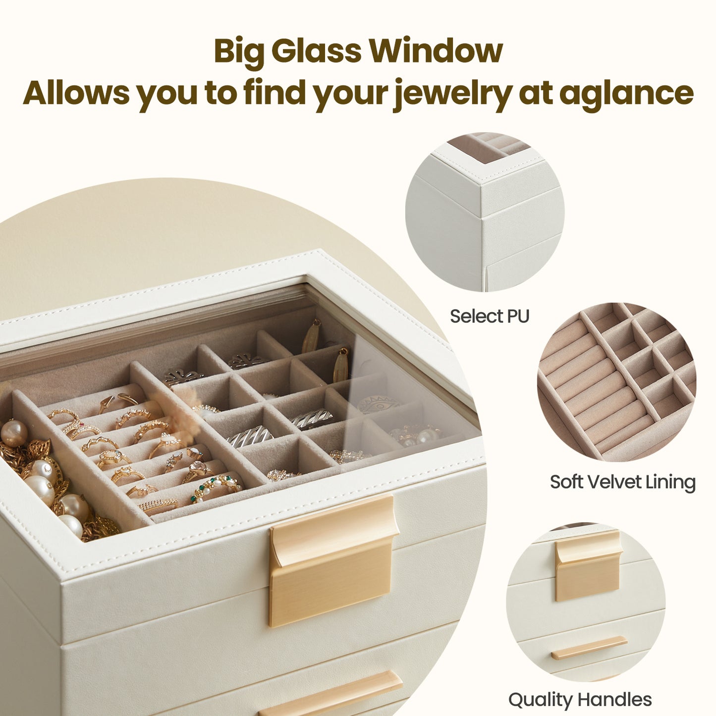 Jewelry Box Organizer with Glass Lid, 3-Layer Jewelry Storage