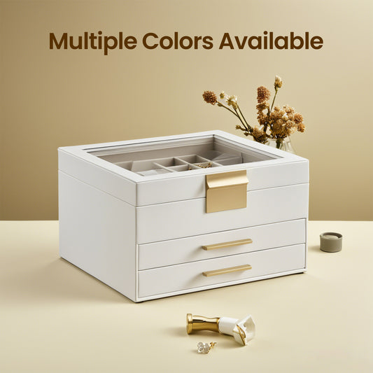 Jewelry Box Organizer with Glass Lid, 3-Layer Jewelry Storage