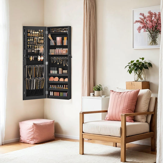 Mirror Jewelry Cabinet Armoire – Wall，Door Mounted Storage with 108 Earring Slots, 36 Necklace Hooks, 4 Shelves & 2 Cosmetic Organizers, Black
