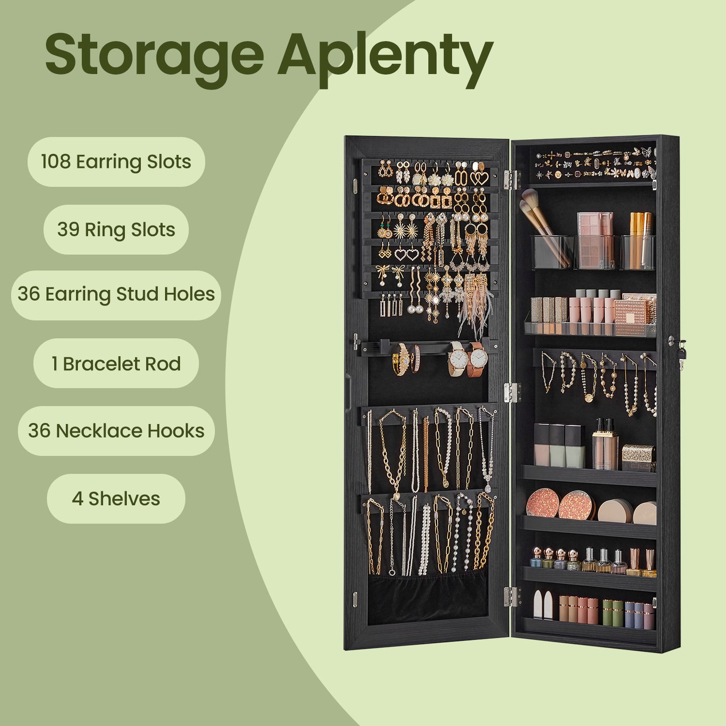 Mirror Jewelry Cabinet Armoire – Wall，Door Mounted Storage with 108 Earring Slots, 36 Necklace Hooks, 4 Shelves & 2 Cosmetic Organizers, Black