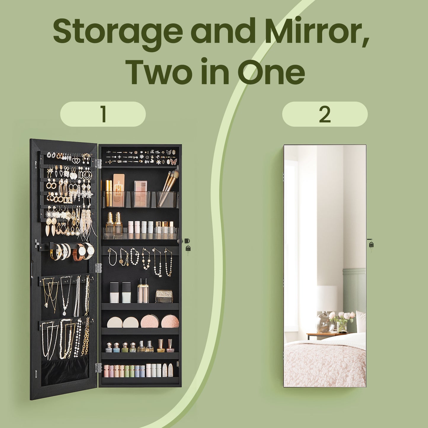 Mirror Jewelry Cabinet Armoire – Wall，Door Mounted Storage with 108 Earring Slots, 36 Necklace Hooks, 4 Shelves & 2 Cosmetic Organizers, Black