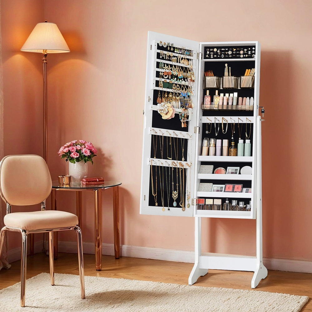 Freestanding Jewelry Armoire with Full-Length Mirror, Lockable Storage Unit with 2 Cosmetic Trays, White