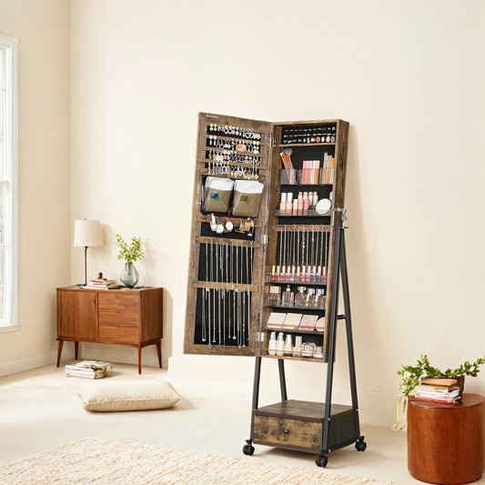 Full-Length Mirror Jewelry Armoire with Lockable Storage, 92 Earring Holes & Cosmetic Organizer, Rolling Wheels, Rustic Brown and Black
