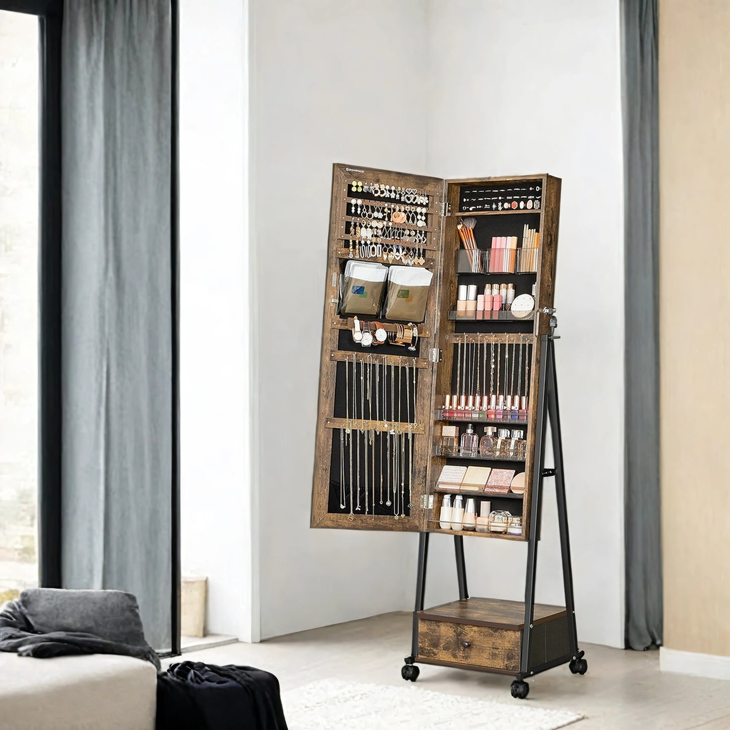 Full-Length Mirror Jewelry Armoire with Lockable Storage, 92 Earring Holes & Cosmetic Organizer, Rolling Wheels, Rustic Brown and Black