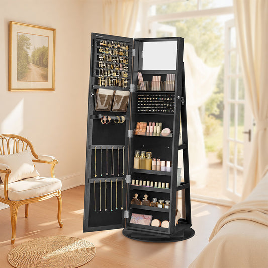 360° Swivel Jewelry Armoire with Lock, Full-Length Mirror & Rear Shelves – 120 Earring Slots, 12 Necklace Hooks, 78 Ring Holders, Velvet-Lined, Black