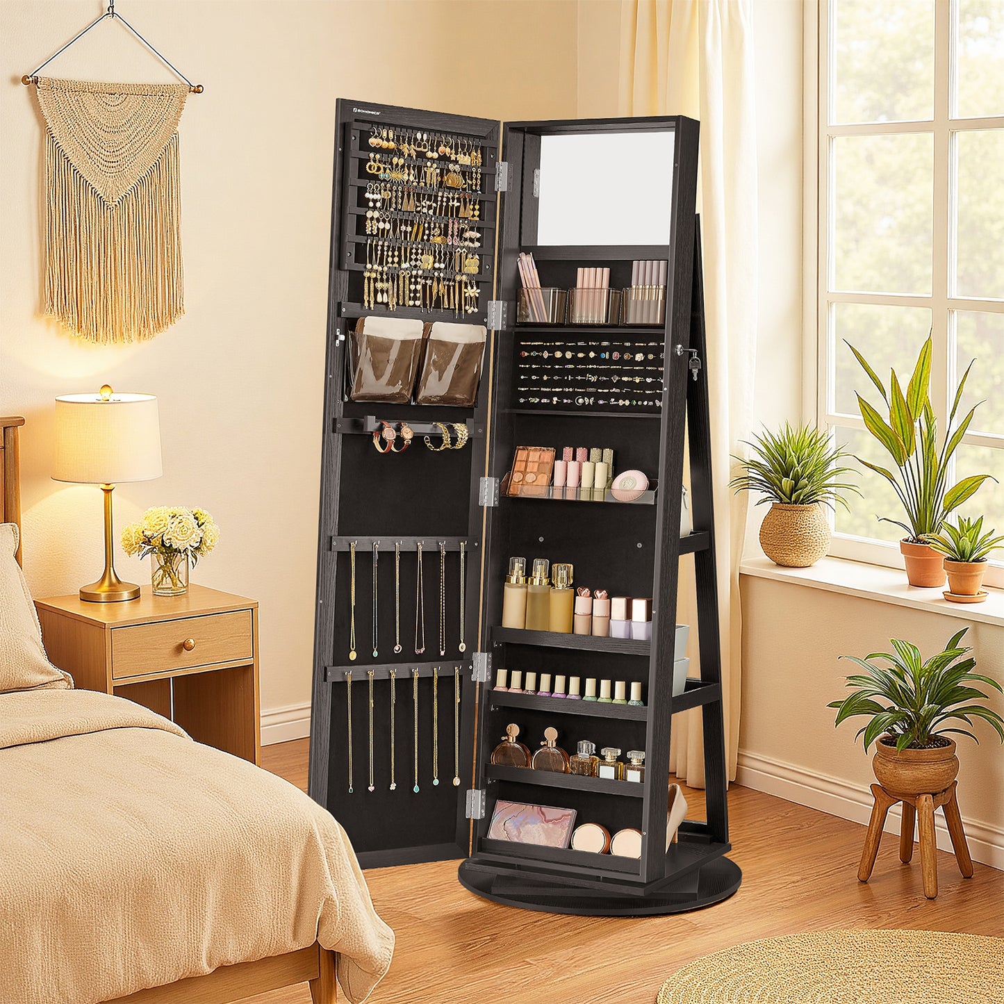 360° Swivel Jewelry Armoire with Lock, Full-Length Mirror & Rear Shelves – 120 Earring Slots, 12 Necklace Hooks, 78 Ring Holders, Velvet-Lined, Black