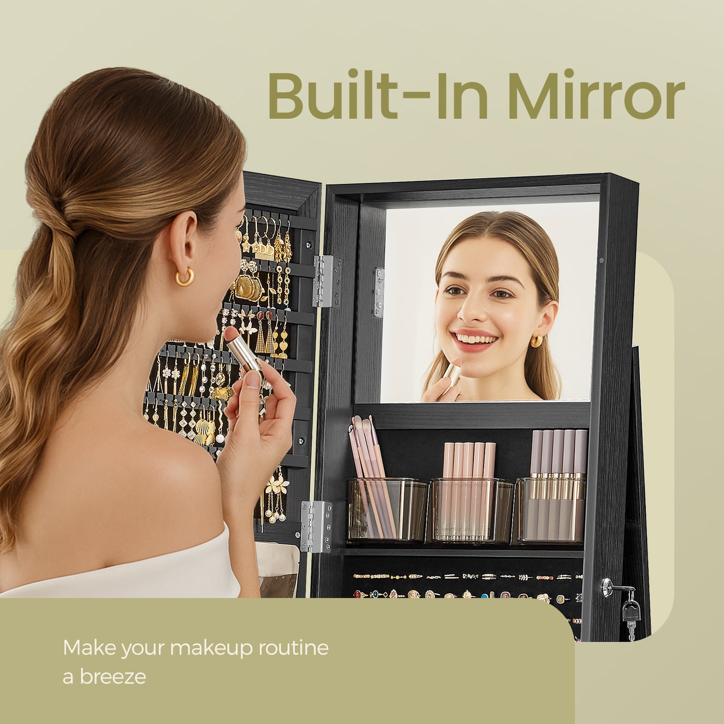 360° Swivel Jewelry Armoire with Lock, Full-Length Mirror & Rear Shelves – 120 Earring Slots, 12 Necklace Hooks, 78 Ring Holders, Velvet-Lined, Black