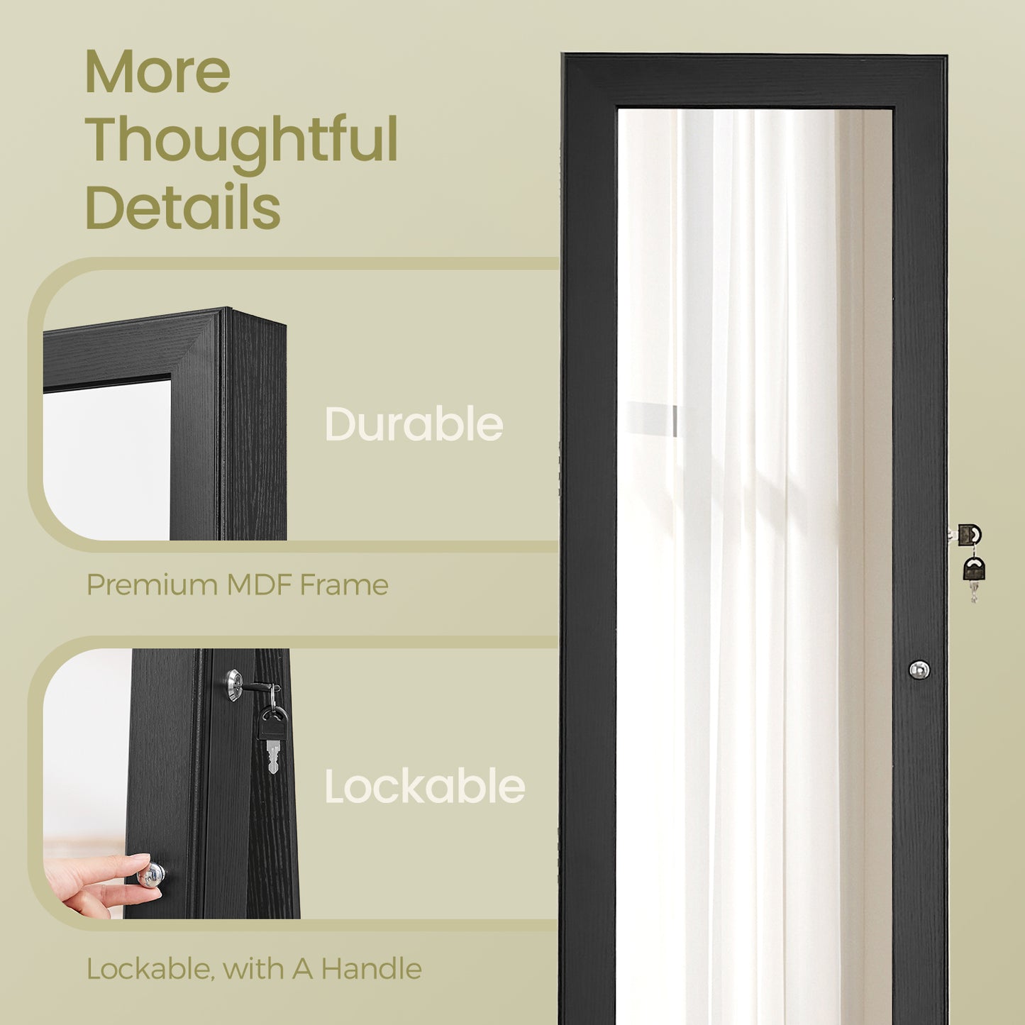 360° Swivel Jewelry Armoire with Lock, Full-Length Mirror & Rear Shelves – 120 Earring Slots, 12 Necklace Hooks, 78 Ring Holders, Velvet-Lined, Black