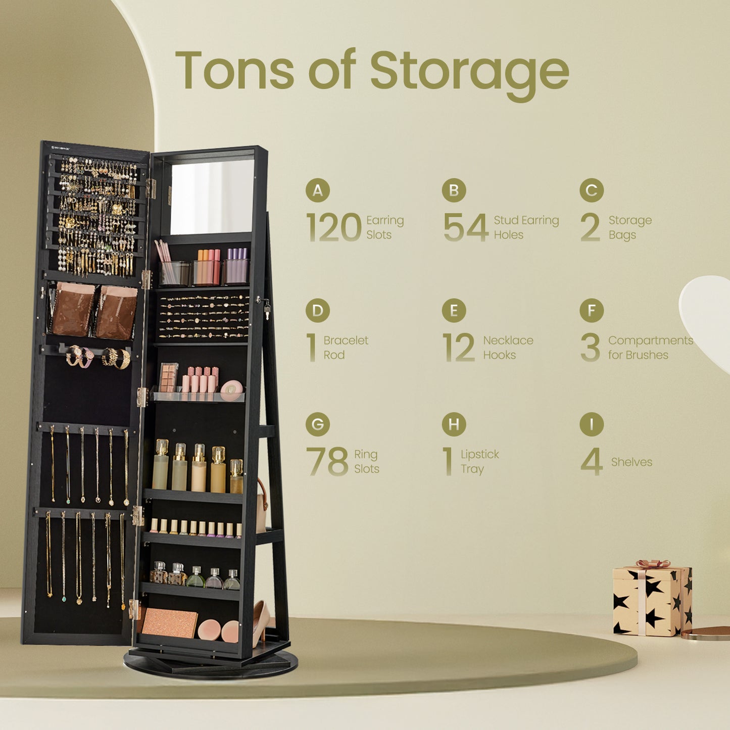 360° Swivel Jewelry Armoire with Lock, Full-Length Mirror & Rear Shelves – 120 Earring Slots, 12 Necklace Hooks, 78 Ring Holders, Velvet-Lined, Black