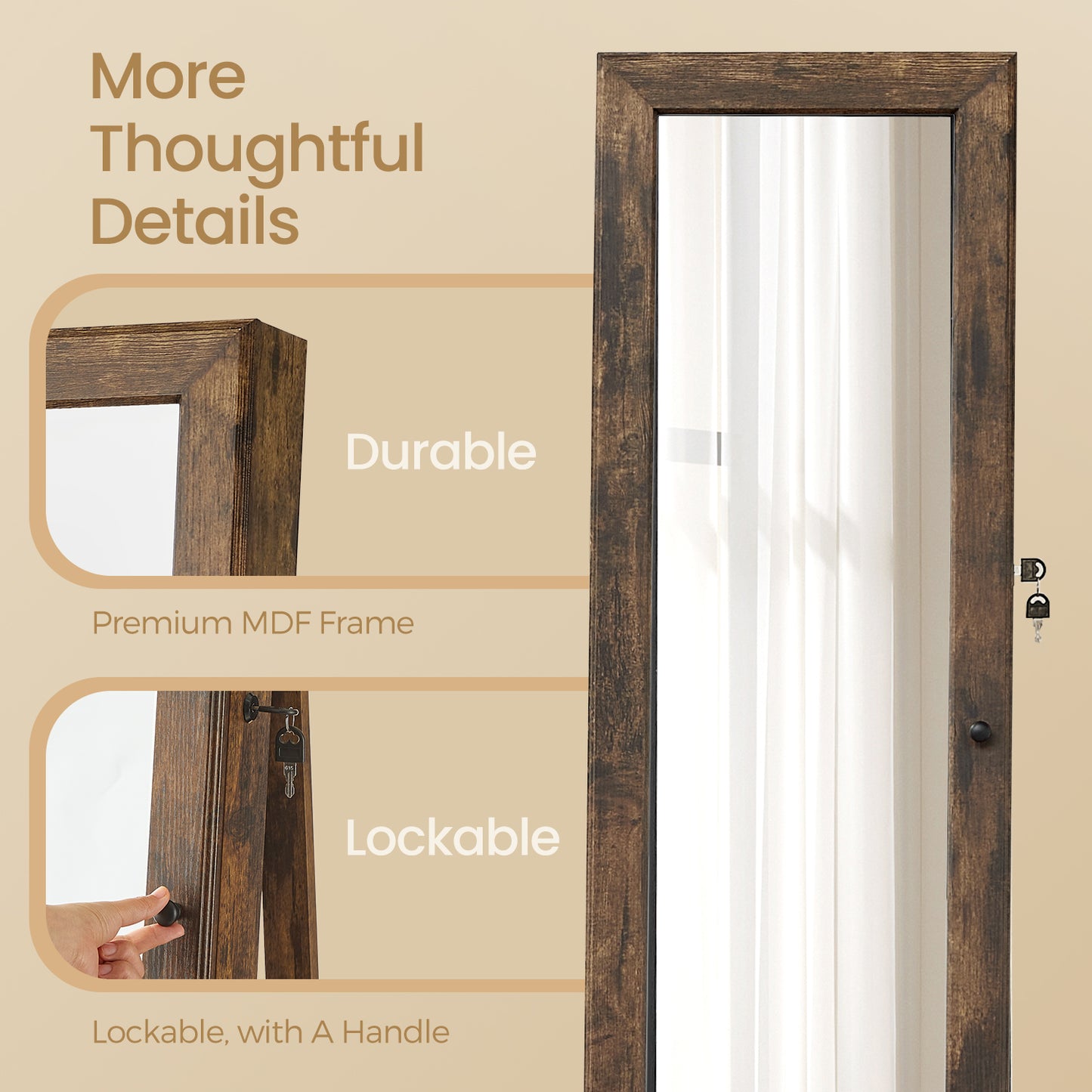 360° Swivel Jewelry Armoire with Lock, Full-Length Mirror & Rear Shelves，120 Earring Slots, 12 Necklace Hooks, 4 Storage Shelves, Velvet Lining，Rustic Brown