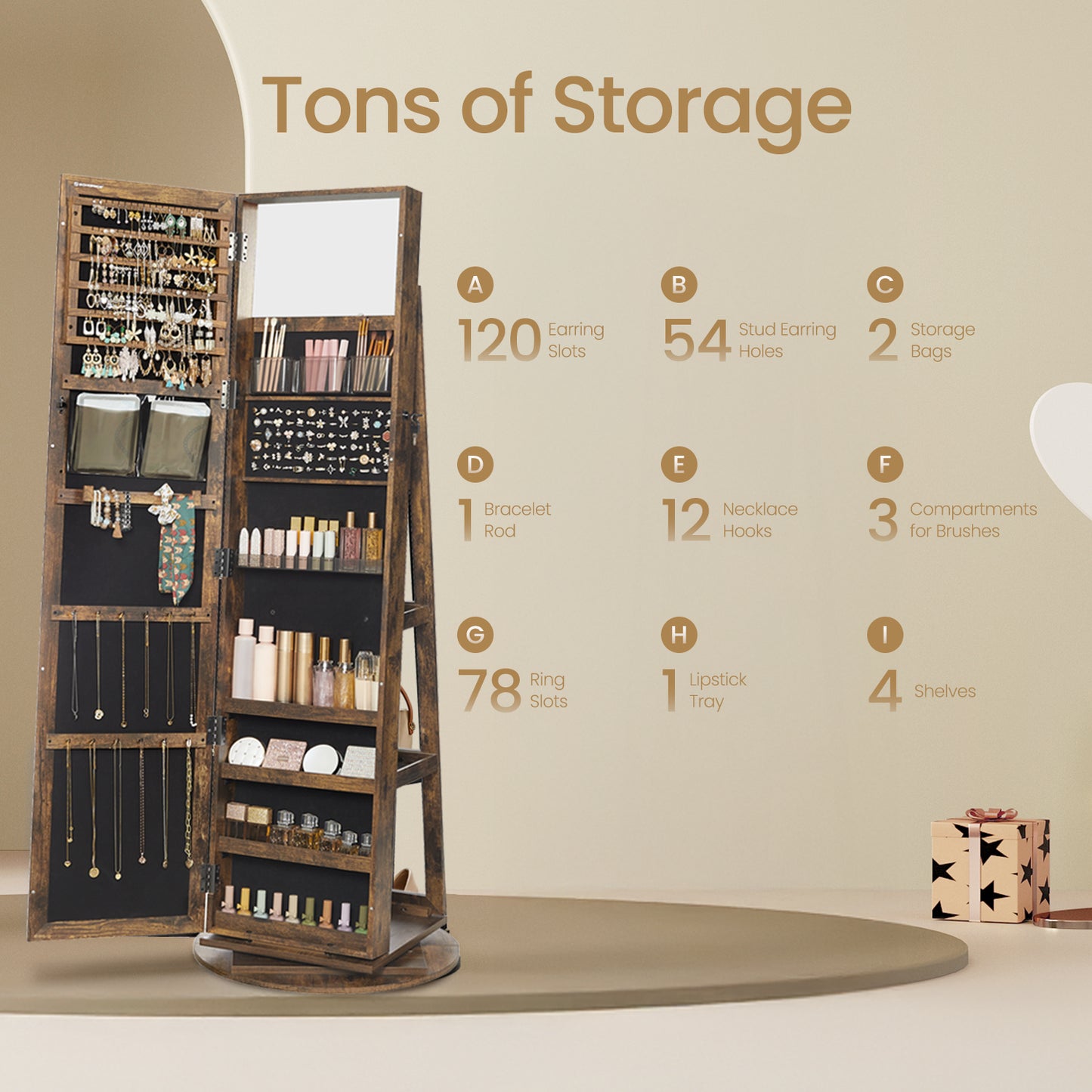 360° Swivel Jewelry Armoire with Lock, Full-Length Mirror & Rear Shelves，120 Earring Slots, 12 Necklace Hooks, 4 Storage Shelves, Velvet Lining，Rustic Brown