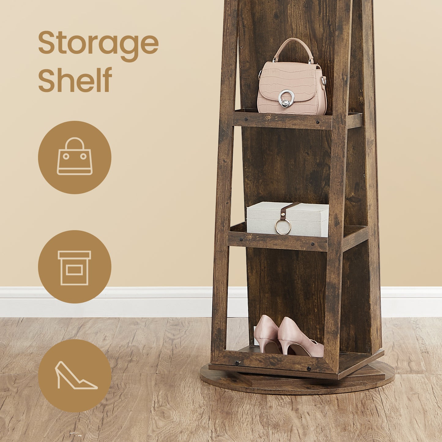 360° Swivel Jewelry Armoire with Lock, Full-Length Mirror & Rear Shelves，120 Earring Slots, 12 Necklace Hooks, 4 Storage Shelves, Velvet Lining，Rustic Brown