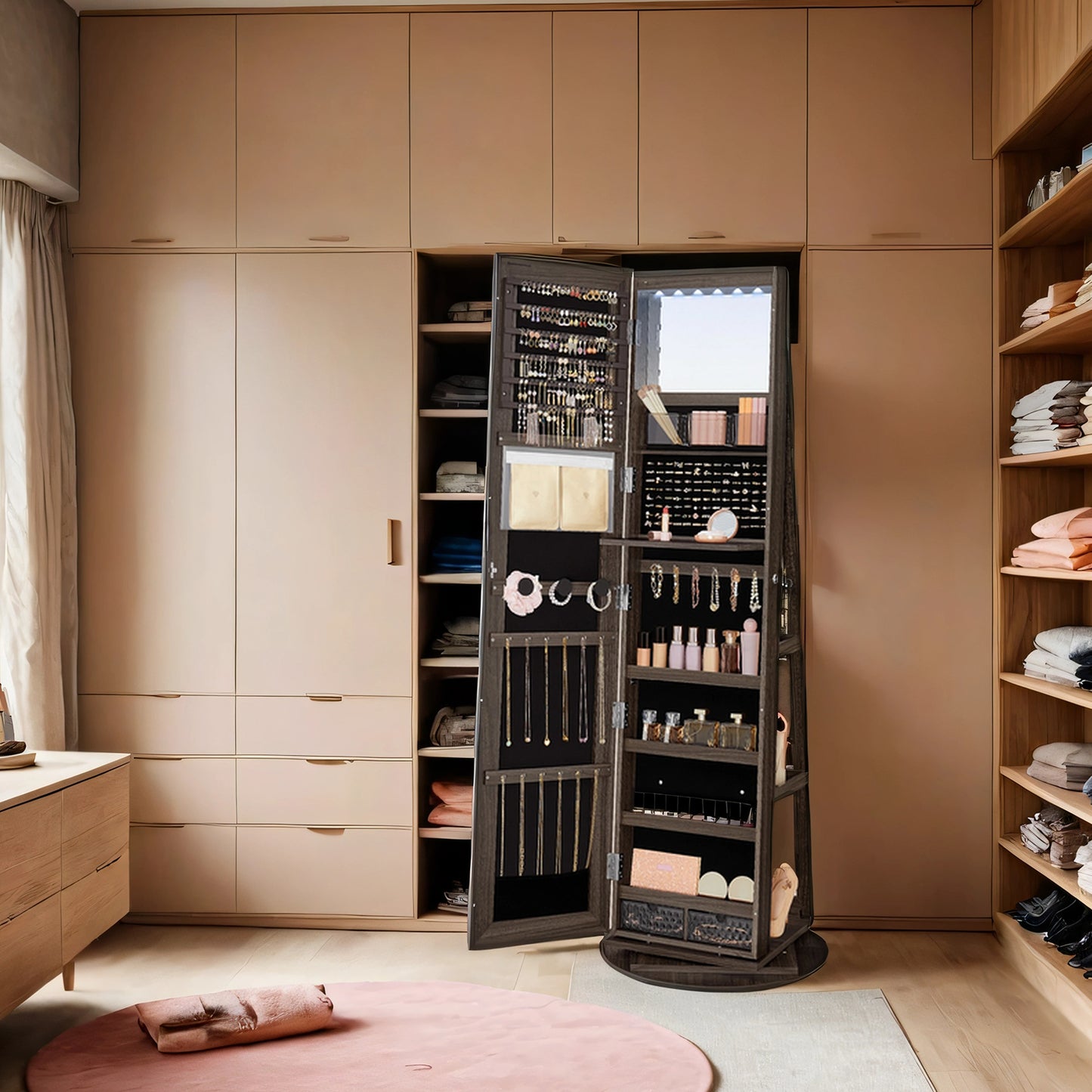 6-LED Lockable Jewelry Cabinet & Vanity Organizer, 360° Swivel Standing Armoire with Full-Length Mirror, 3 Shelves + 2 Drawers, Ash Brown，Black