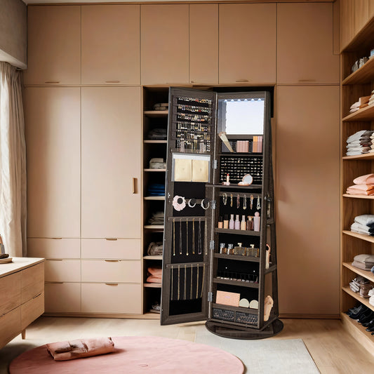 6-LED Lockable Jewelry Cabinet & Vanity Organizer, 360° Swivel Standing Armoire with Full-Length Mirror, 3 Shelves + 2 Drawers, Ash Brown，Black