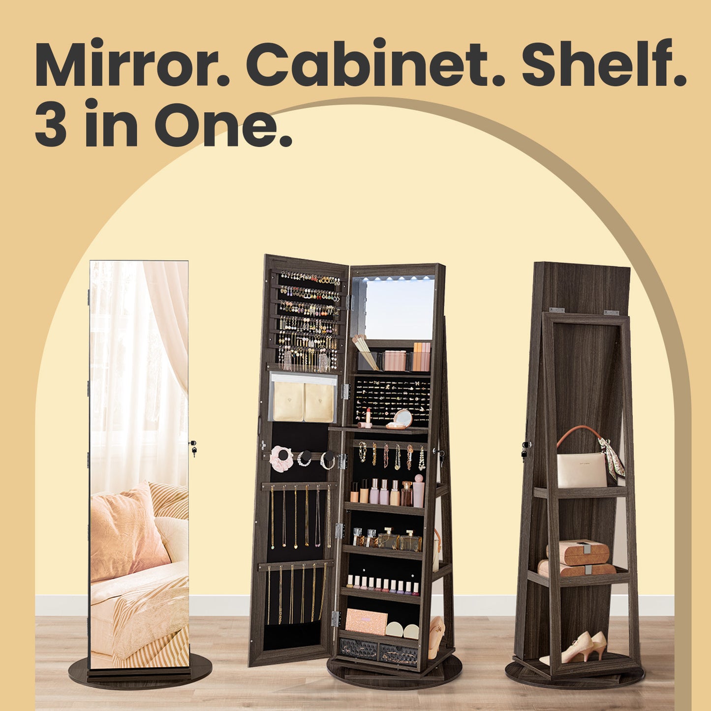6-LED Lockable Jewelry Cabinet & Vanity Organizer, 360° Swivel Standing Armoire with Full-Length Mirror, 3 Shelves + 2 Drawers, Ash Brown，Black