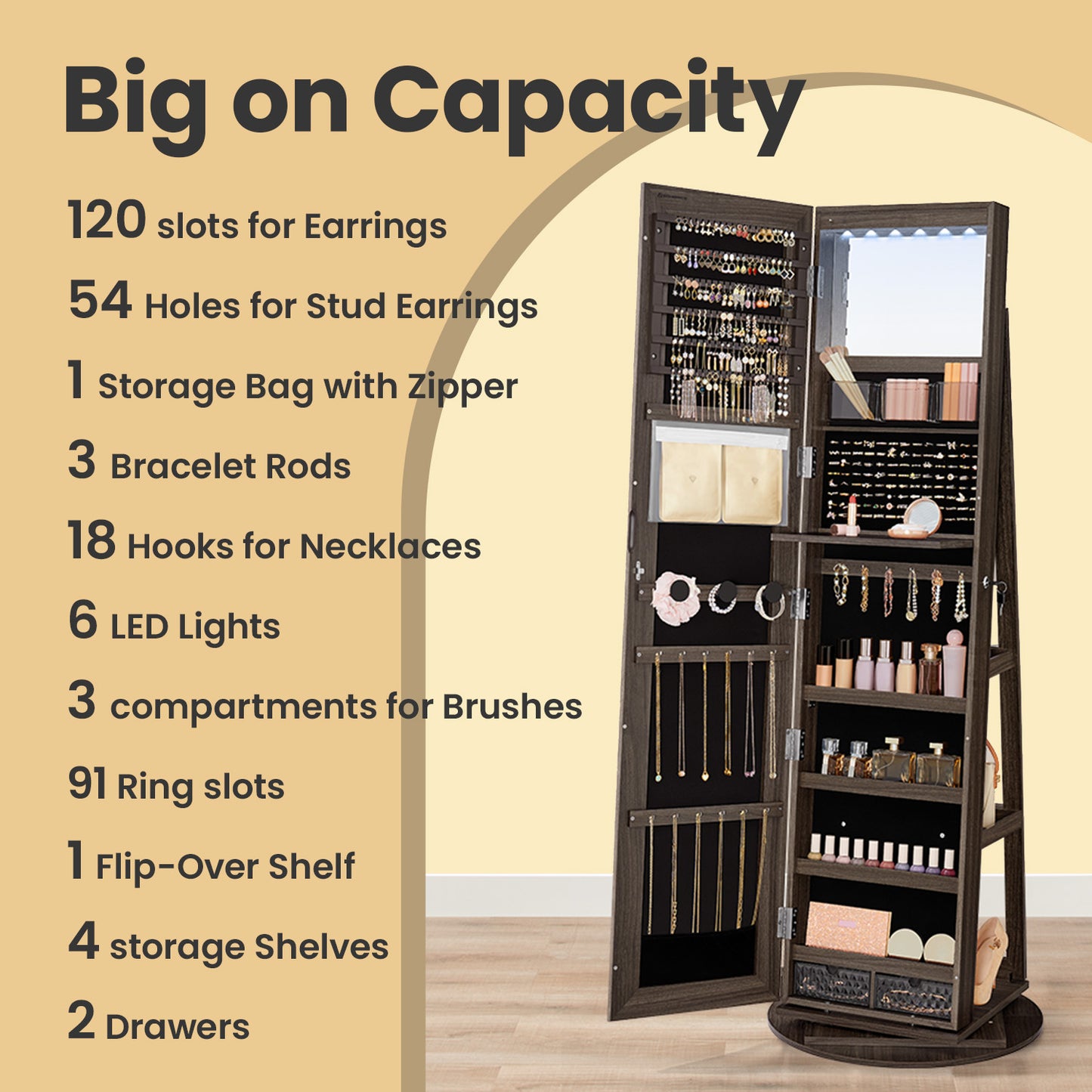 6-LED Lockable Jewelry Cabinet & Vanity Organizer, 360° Swivel Standing Armoire with Full-Length Mirror, 3 Shelves + 2 Drawers, Ash Brown，Black