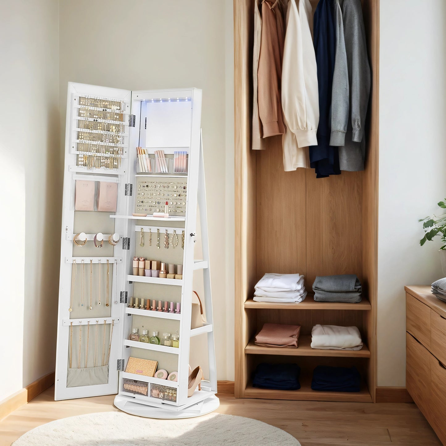 Mirror Jewelry Cabinet, 360° Swivel Jewelry Organizer Armoire with Frameless Full-Length Mirror & 6 LEDs, Lockable Standing Storage, White