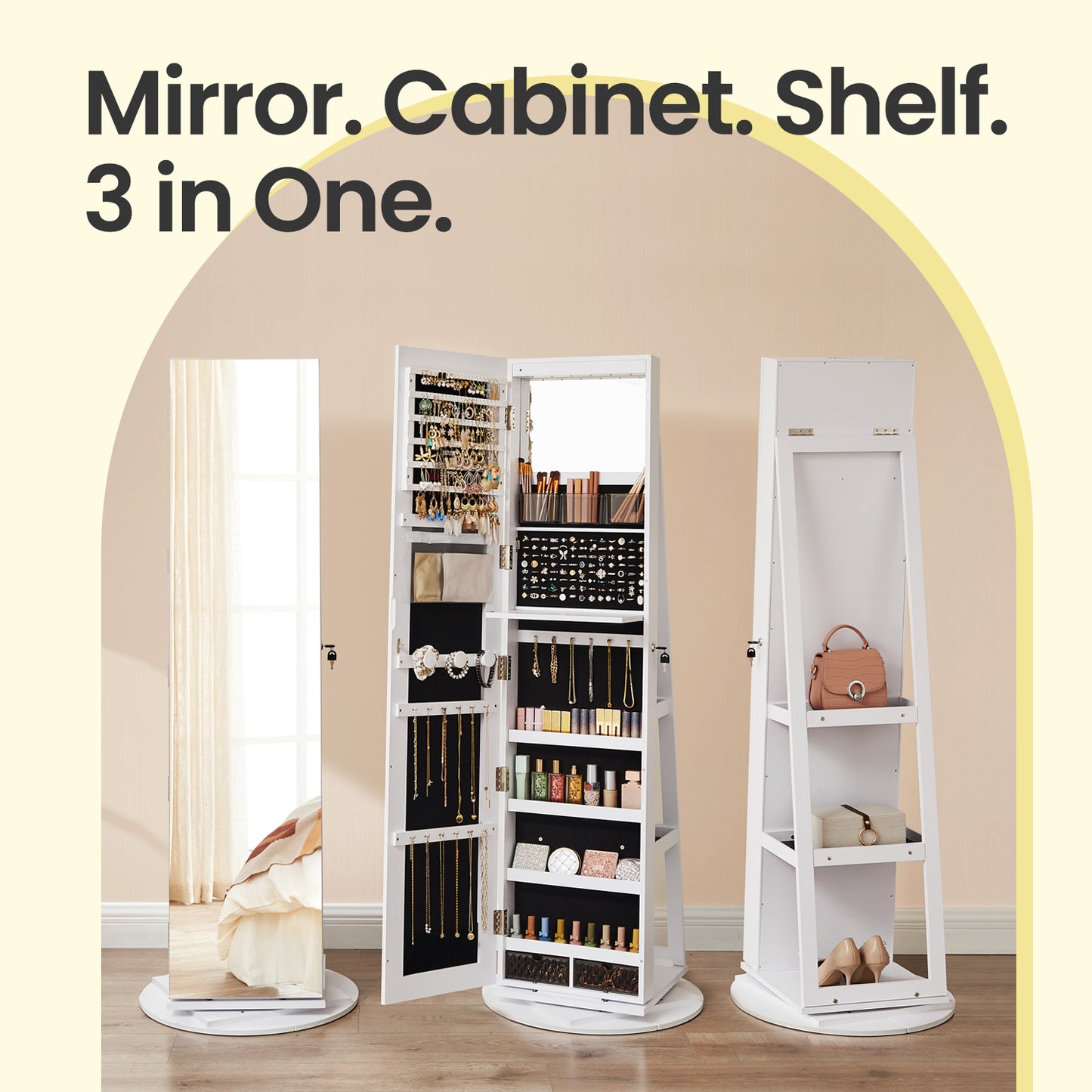 Mirror Jewelry Cabinet, 360° Swivel Jewelry Organizer Armoire with Frameless Full-Length Mirror & 6 LEDs, Lockable Standing Storage, White