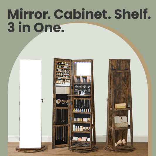Lockable LED Jewelry Cabinet with 360° Swivel, Full-Length Mirror, 3 Shelves + 2 Drawers, 120 Earring Slots, Black Velvet Lining， Rustic Brown